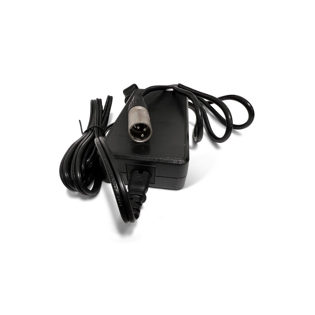 The ComfyGo Charger For Powerchairs, shown in black with an attached cable and three-pin XLR connector coiled on a white background, is ideal as a reliable charger for mobility devices.
